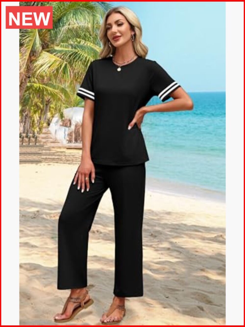 Two Piece Lounge Set Short Sleeve Top Wide Leg Pants Travel Outfits - Picture 2 of 6